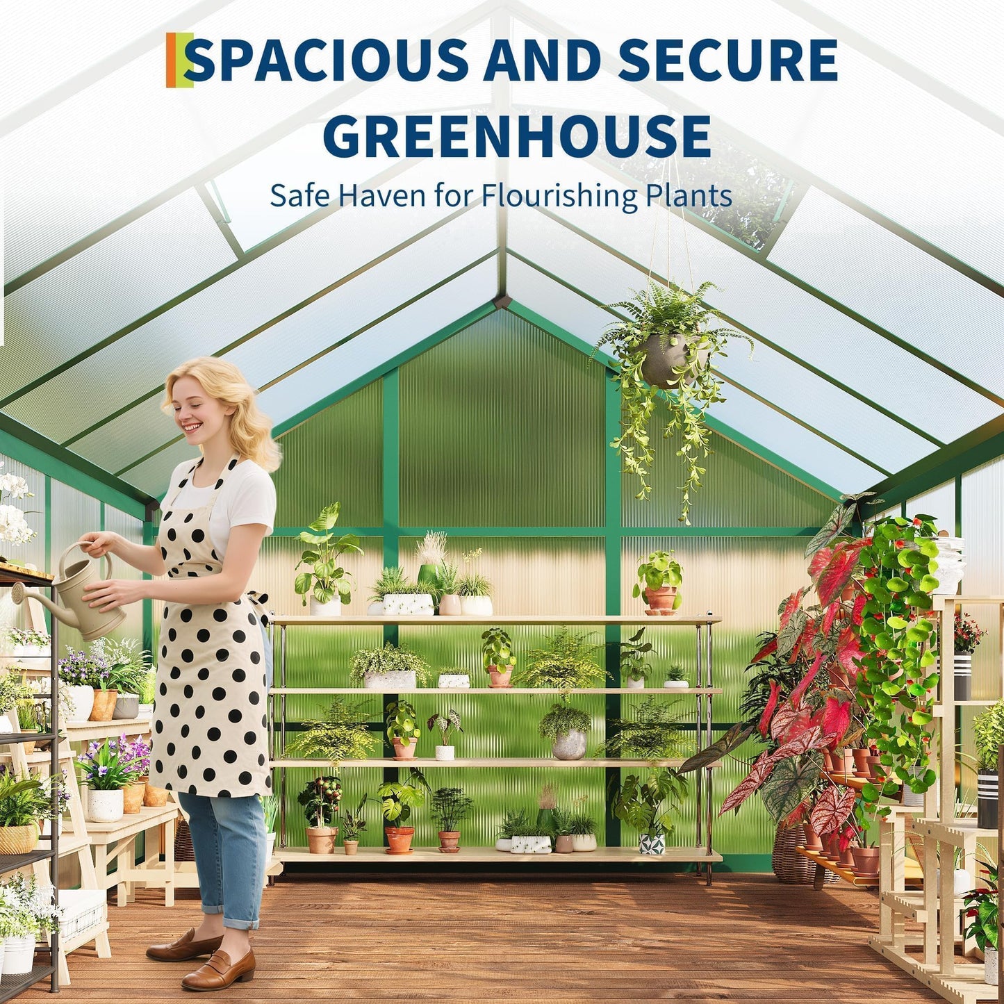 6X8 ft Greenhouse, Greenhouses for Outside, Aluminum Frame Polycarbonate Panels with Sliding Lockable Door and Ajustable Roof Vent, Spacious Walk-in Design for Backyard, Garden, Patio, Green