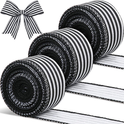 3 Rolls 30 Yard x 2 Inch Striped Ribbon Fabric Grosgrain Ribbon Craft Wrapping Striped Ribbons Christmas Wired Edge Ribbons for Christmas Wrapping Embellishments(Black and White Stripe)