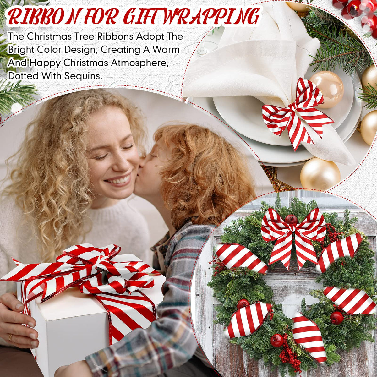 Hanaive 2 Rolls Ribbons for Christmas Tree Wired Ribbon Satin Stripes Edge Wrapping for Crafts DIY Gift Party Garden Home Garland Bows Ornament Decor(1.5 Inch x 10 Yards,Red White)