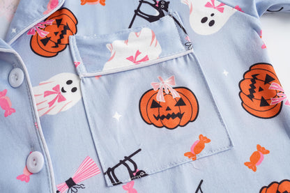 Vopmocld Girls Pajama Sets 3pcs Button Down Short Sleeve Long Pants With Shorts Sleepwear Cute Patterns Nighty For Teens Cute Lounge Sets, Bowknot Ghost, 16