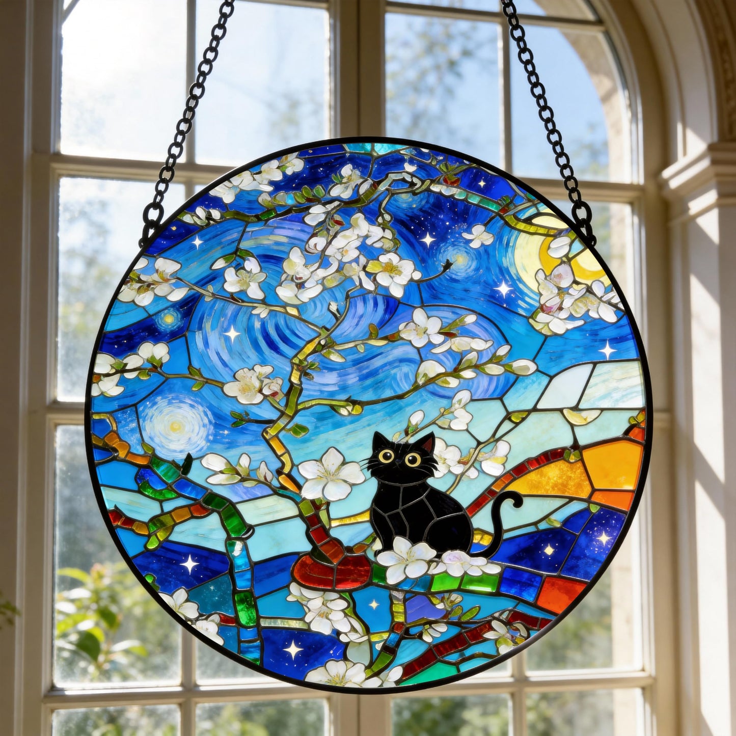 ubcindy Sakura Black Cat Stained Glass Window Hanging, 8'' The Starry Night Art Stained Glass Suncatcher Wall Door Home Decor, Cherry Blossom Sun Catcher for Women Mom Men Office Friends Yoga Gifts