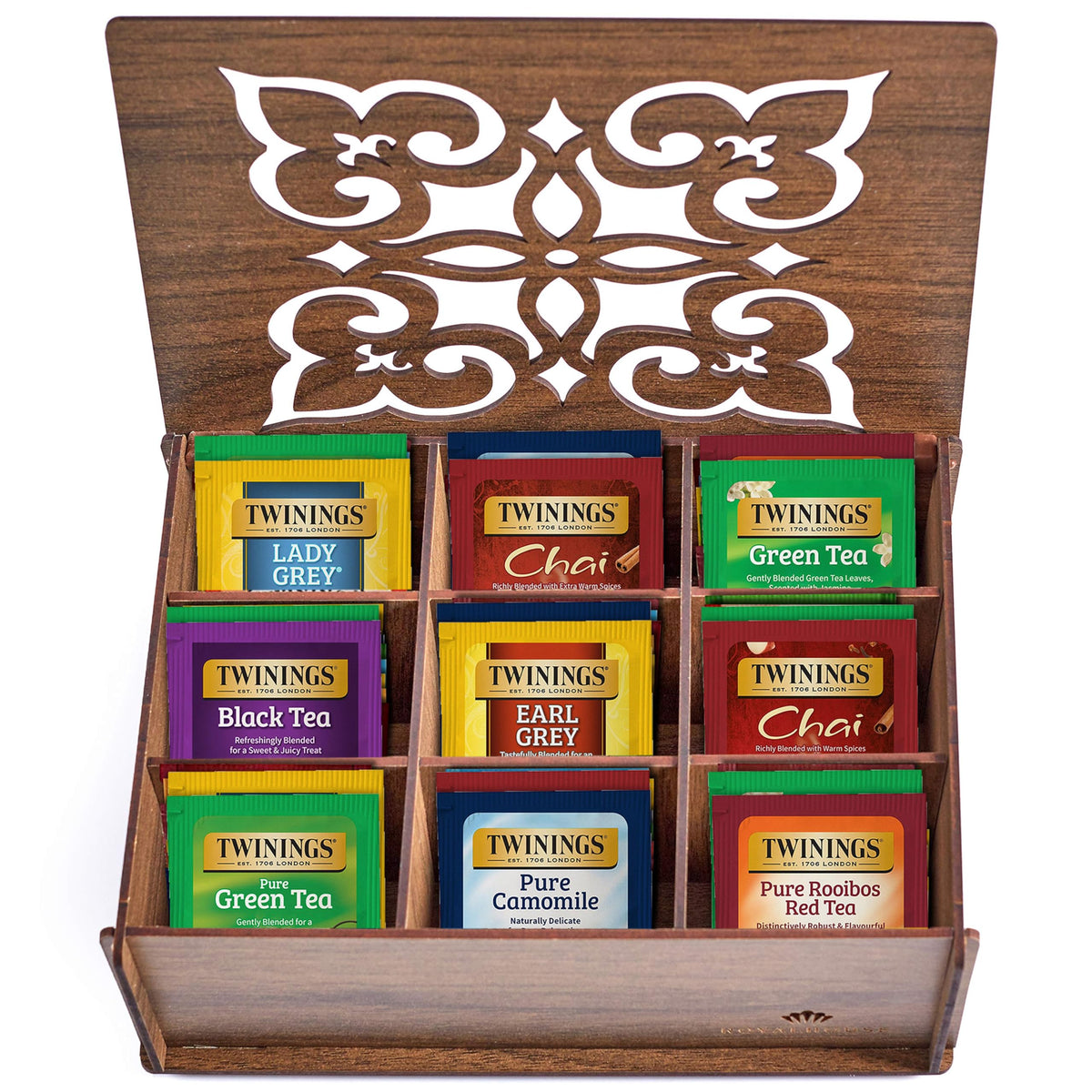 Twinings Tea Bag Sampler Variety with Walnut Wooden Organizer (60 Count) 40 Different Flavours, Gift for Tea Lovers: Women, Men, Mom, Dad, Family, Friends, Couples