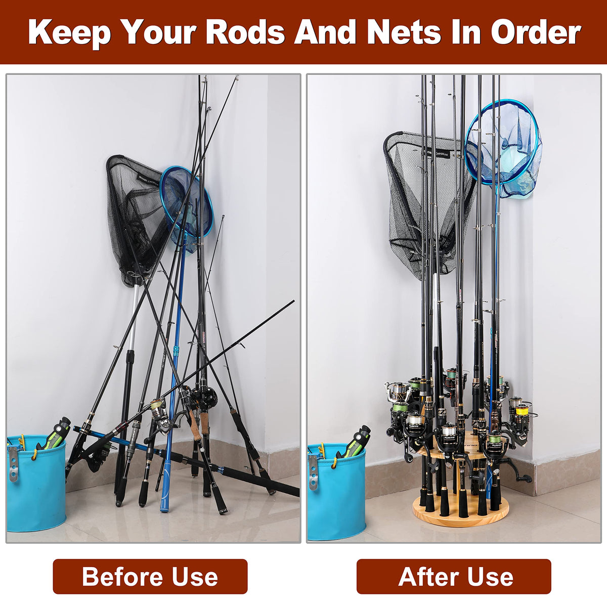 PLUSINNO 2PACK V12 Fishing Rod Holders for Garage, Vertical Fishing Pole Holders Wooden Round Floor Stand, Fishing Rod Rack Holds up to 24 Rods or Fishing Nets Storage Organizer Racks