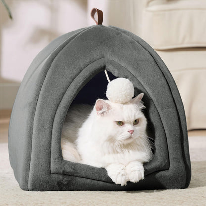 Bedsure Cat Cave Bed Indoor - Flannel Hooded Cat Igloo House, 40x40x40cm Enclosed Foldable Pet Bed with Removable Washable Cushion Pillow, Dark Grey