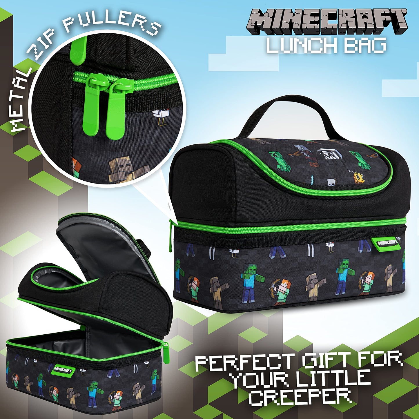 Minecraft Lunch Bag for Kids Insulated Lunch Box Creeper Snacks Food Carrier Options with Water Bottle for School Travel Picnic Cooler Bag (Black)