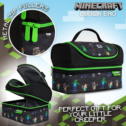 Minecraft Lunch Bag for Kids Insulated Lunch Box Creeper Snacks Food Carrier Options with Water Bottle for School Travel Picnic Cooler Bag (Black)