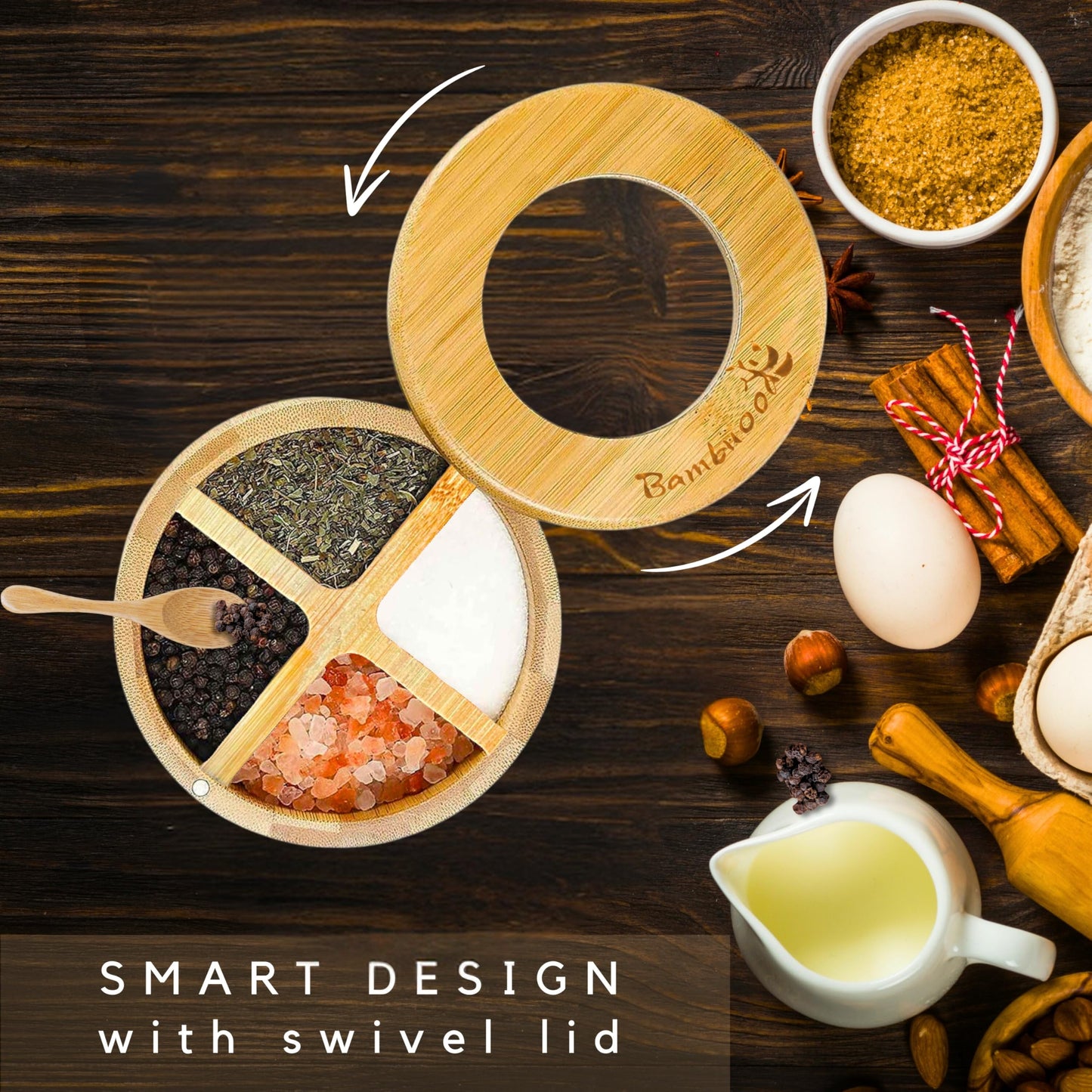 Bambuood Premium 4 Compartments Salt & Spice Cellar with Spoon - Swivel Magnetic Lid for Convenient Seasoning Access - 100% Natural Bamboo - Elegant and Eco-Friendly Kitchen Accessory.