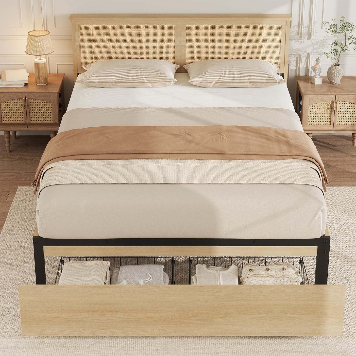 GarveeHome Rattan Bed Frame Full Size Bed Frame with 2 Drawers, Wooden Platform Bed with Rattan Headboard, Led Lights, Boho Storage Bed Frame, Noise Free, No Box Spring Needed, Natural Oak