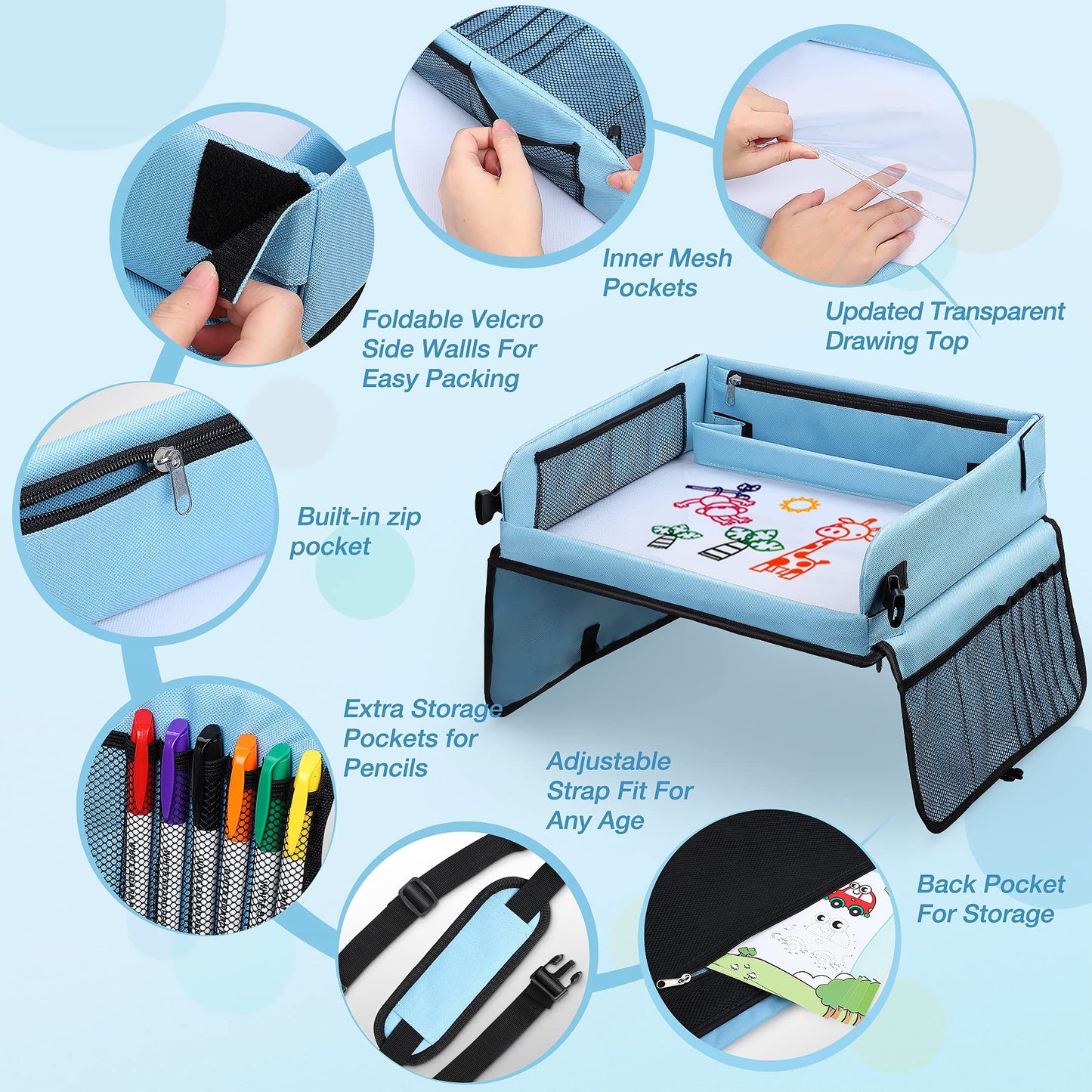 COOLJOY Travel Tray Kids Travel Tray,Kids Travel Essentials,Travel Toys-Play Tray with Transparent Erasable Surface,Lots of Storage Space,Multifunctional Activity Tray,Lap Tray for Kids Boys Girls 3+