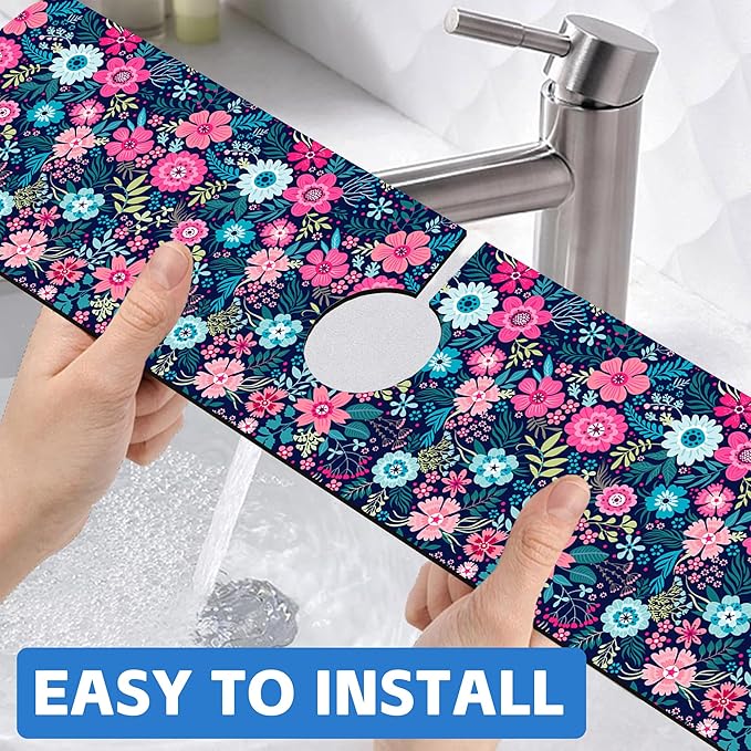 Modern Blue and Pink Floral Sink Faucet Absorbing Mat Sink Splash Guard Faucet