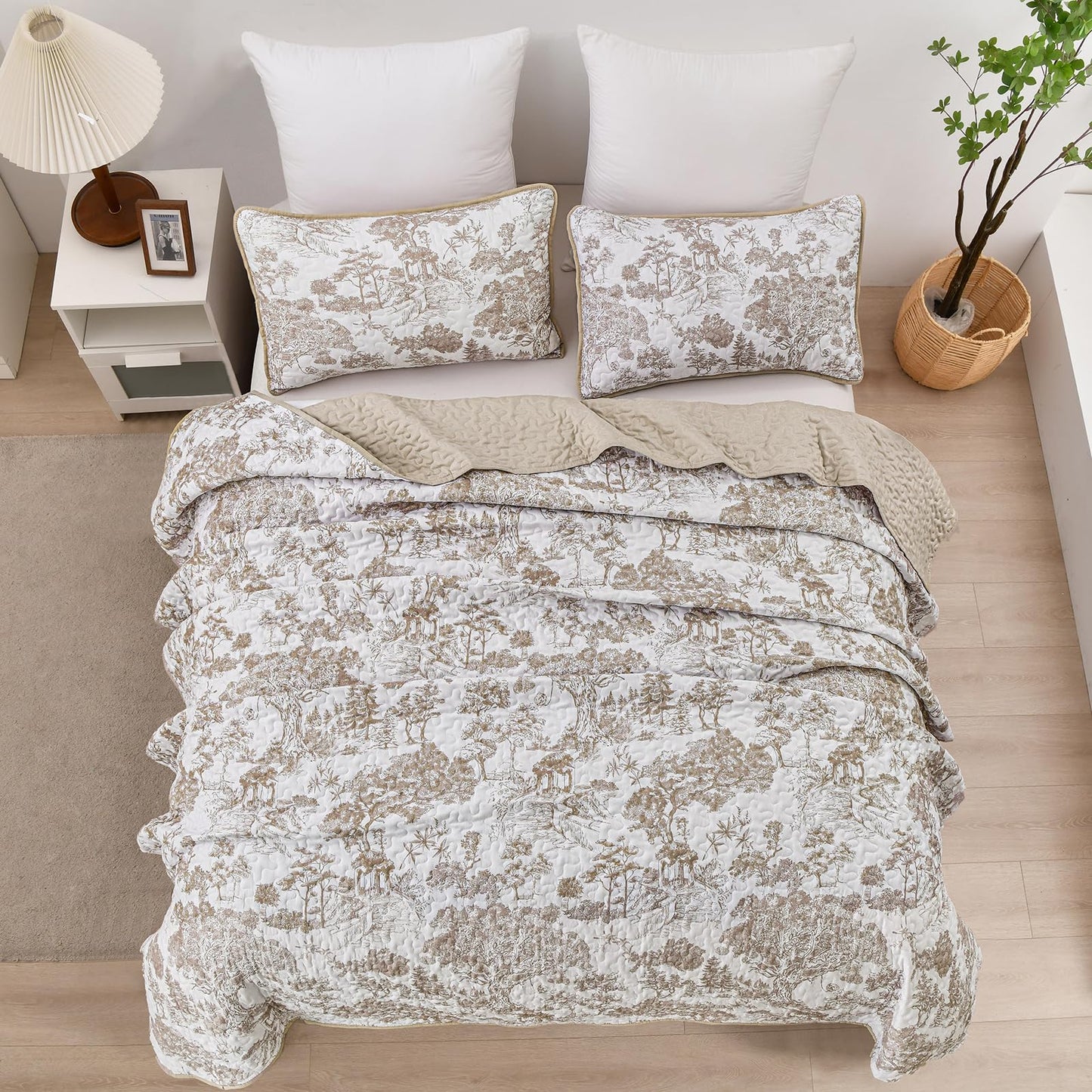 WONGS BEDDING Botanical Quilt Set Queen Size, Khaki 3 Pieces Floral Plants Printed Bedspread Bedding Set Soft Lightweight Microfiber Coverlet Set for All Season (96''x90'')