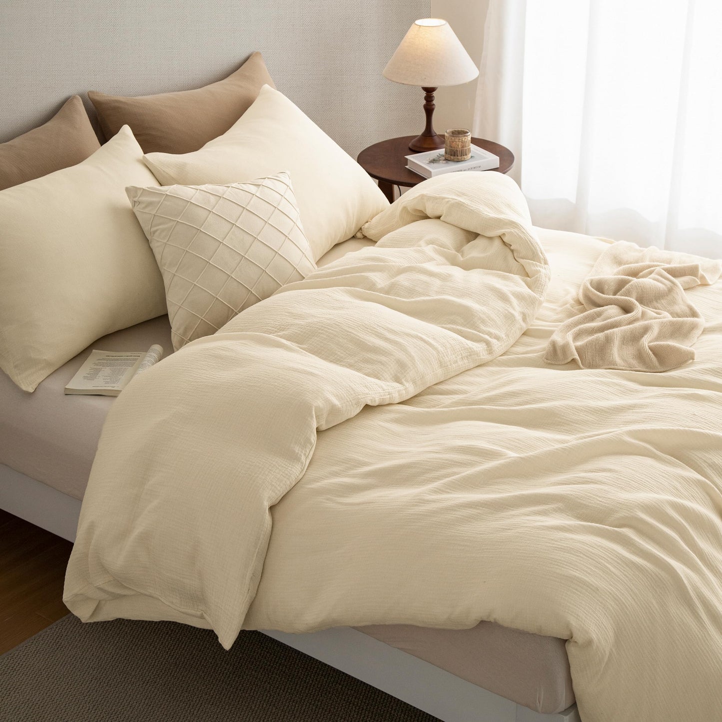 AGSIT Muslin Duvet Cover 100% Washed Cotton, King Size Duvet Cover Set Linen Like, Minimalist Soft Comforter Cover 3 Pieces, Lightweight Gauze Duvet Cover with 2 Pillowcases, 90”x104”, Cream White