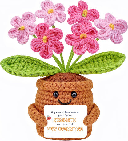 Crochet Gift for Women Graduation, Pink Forget-Me-Not Flowers Set of 6 with emotional support Card, Good Luck Gift for New Job, Retirement, Encouragement, handmade Home Decor for Her, Desk Plant