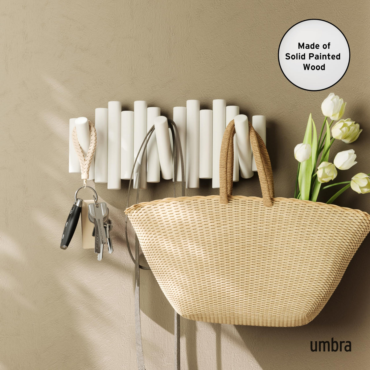 Umbra Picket Wall-Mounted Coat Rack Rail Hook with 5 Retractable Wood Pegs – Modern, Space-Saving Storage Organizer, White