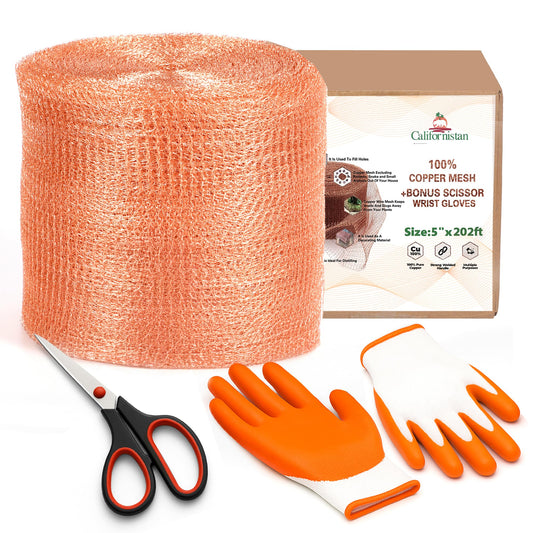 Copper Mesh Rodent Control, 5in x 202ft- Rustproof Copper Mesh Roll for Rodent, Bat & Snail - Perfect for Hole Blocking, Gardening & Sealing Water Opening - Plus Bonus Scissor & Gloves