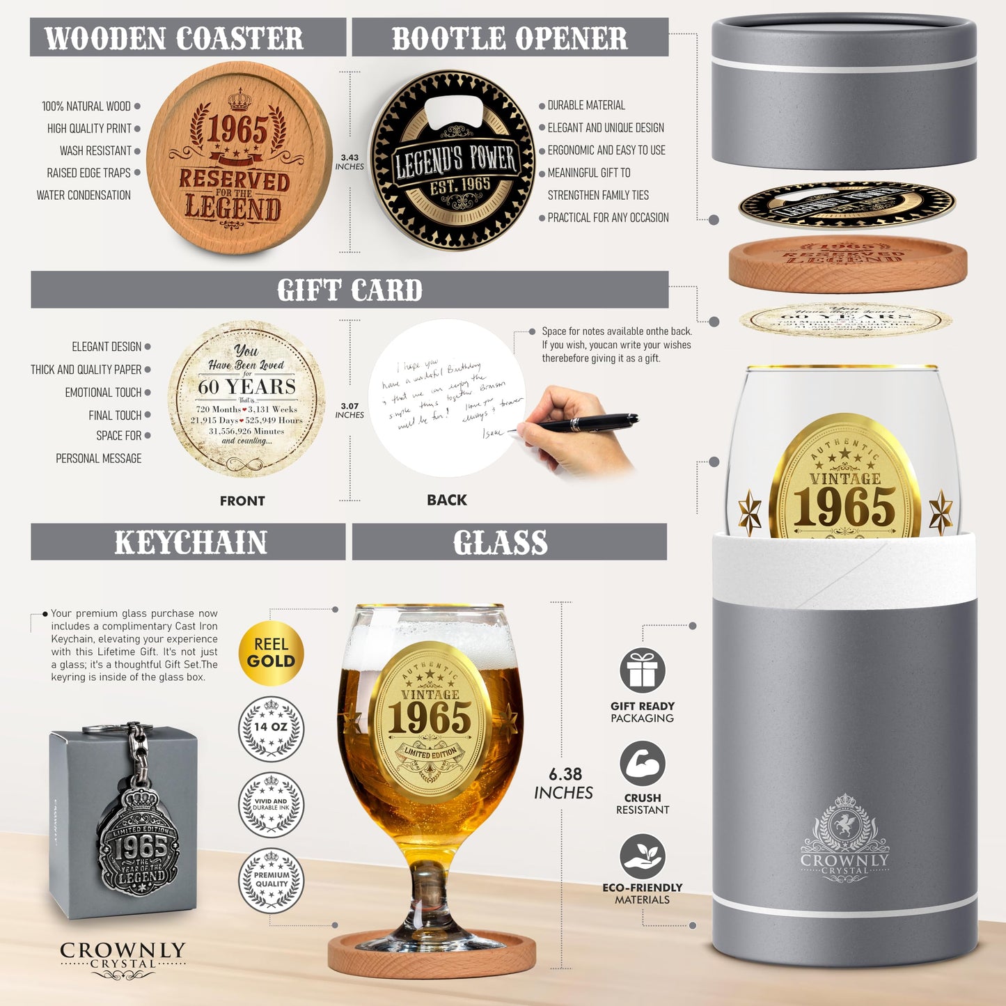 CROWNLY CRYSTAL® 1965 60th Birthday Gifts for Men Personalised Beer Glasses Decorations Gifts for Him Presents Husband Gift Ideas