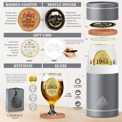CROWNLY CRYSTAL® 1965 60th Birthday Gifts for Men Personalised Beer Glasses Decorations Gifts for Him Presents Husband Gift Ideas