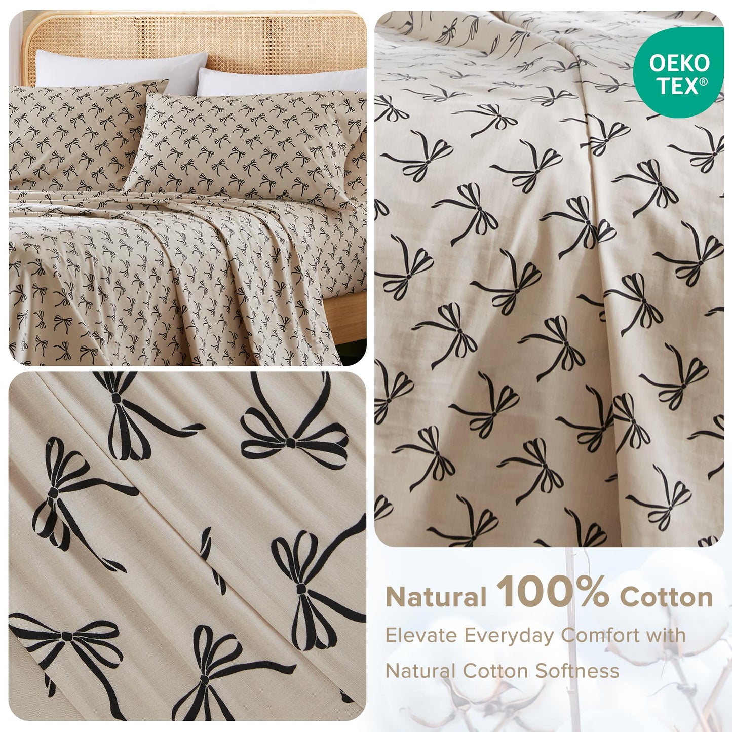 Comfort Spaces 100% Cotton Sheets Full, Breathable, Naturally Cool Cotton Sheets, Soft Cotton Bed Sheets with 14" Elastic Pocket Fits up to 16" Mattress, All Seasons Sheet Set, Bow Black/Taupe 4 Piece