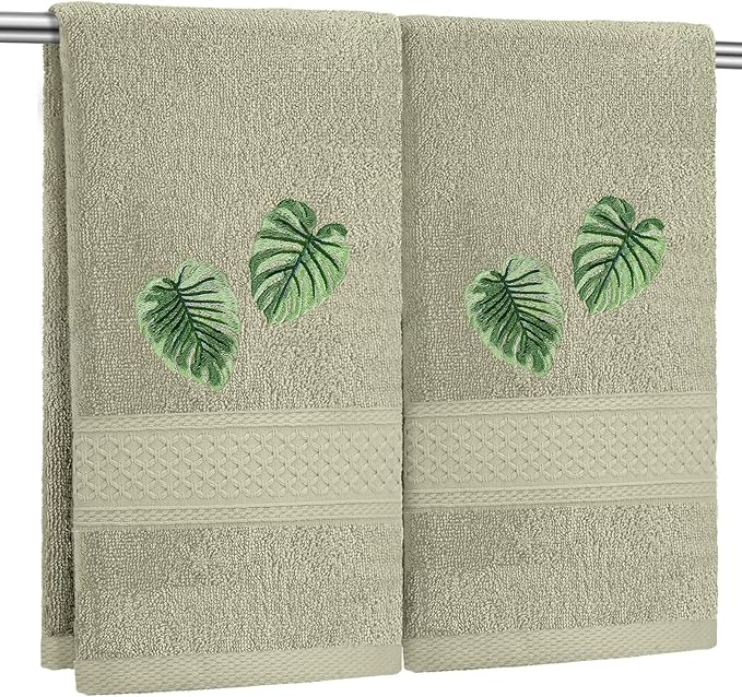 2 Pcs Tropical Palm Leaves Hand Towels Gray Green Bathroom Decor 14x29 Inch