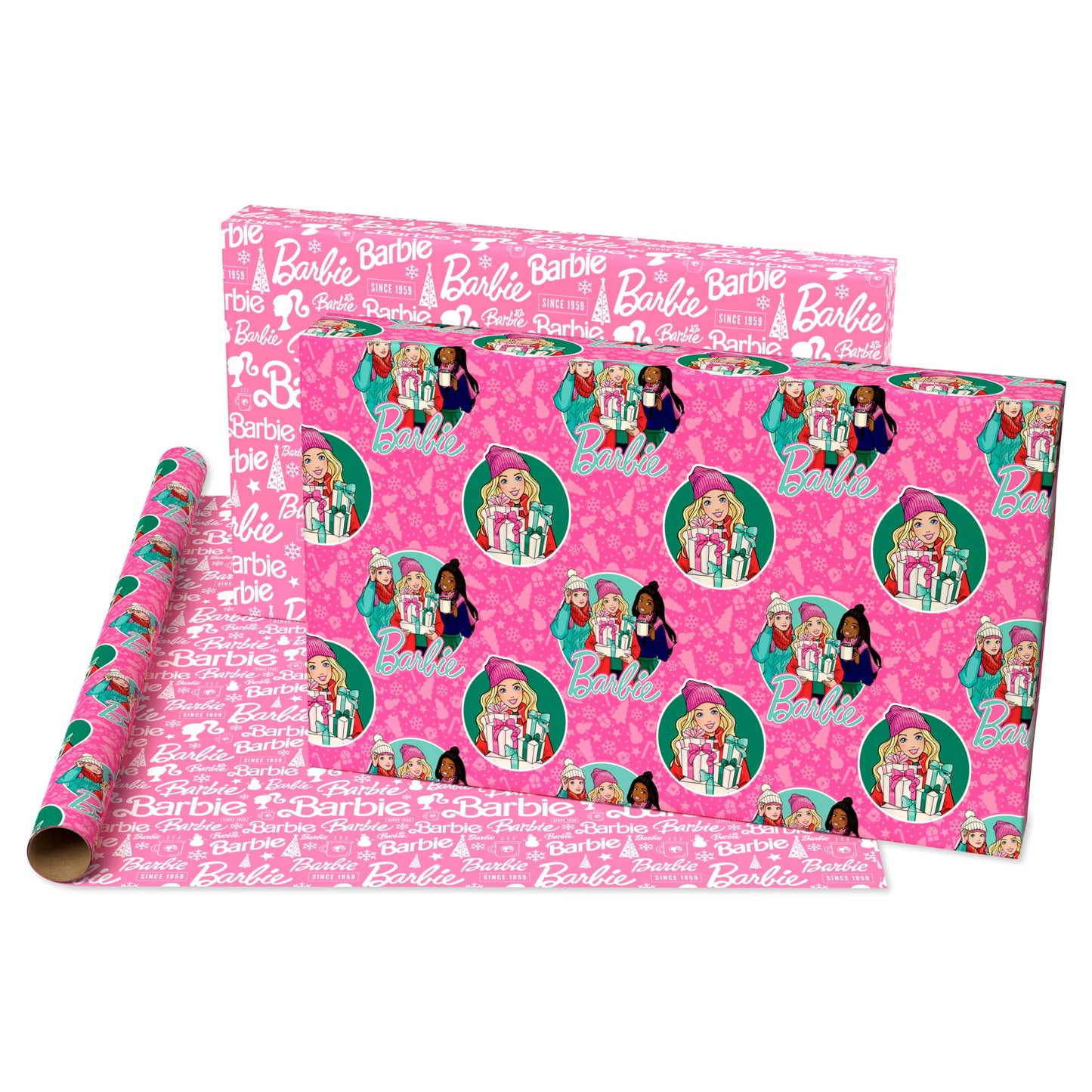 American Greetings Pink Christmas Wrapping Paper Roll for Kids, Barbie and Friends Holiday Gift Wrap (1 Reversible Roll, 75 sq. ft.) Barbie, Daisy, Brooklyn
