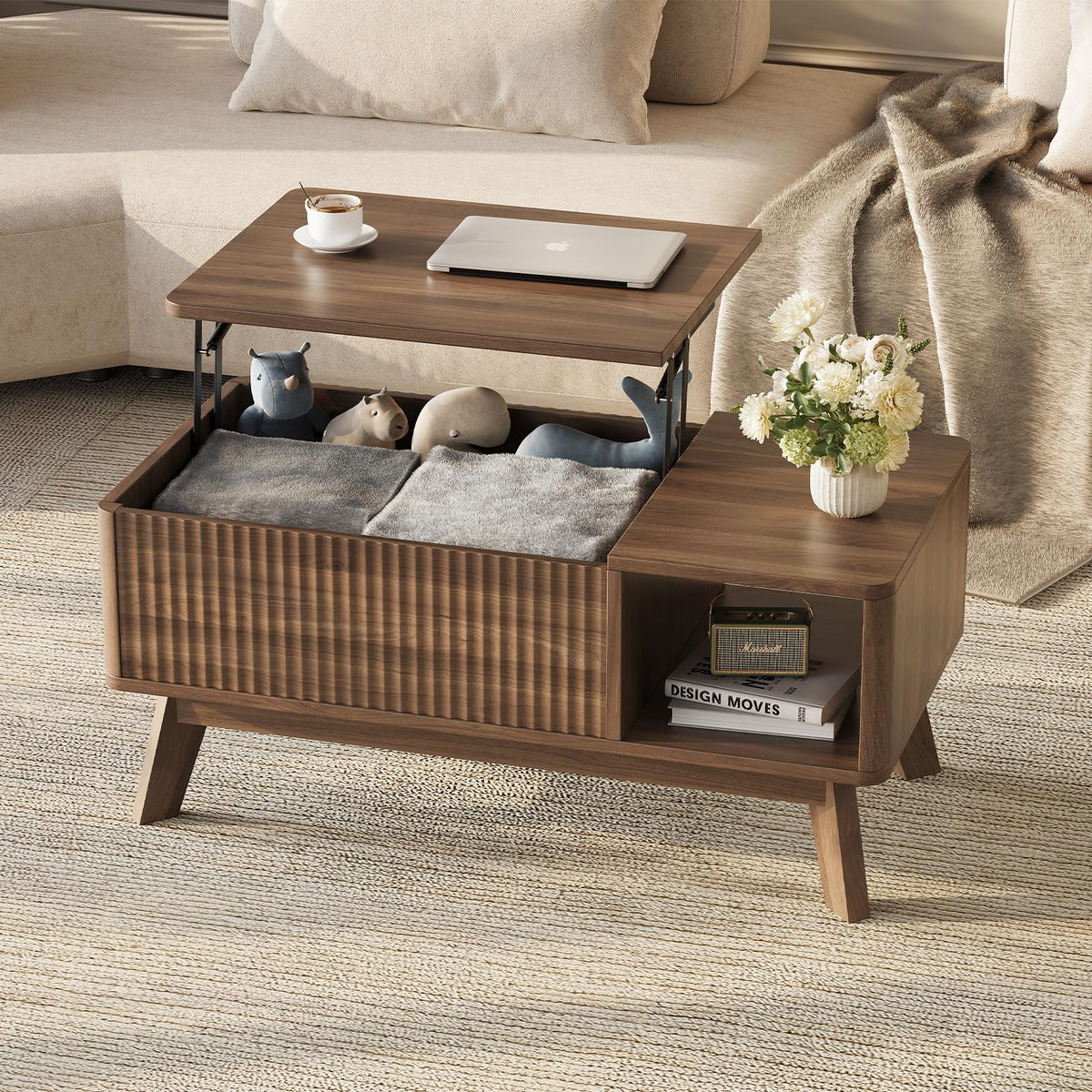 TROJM Wood Lift Top Coffee Table with Hidden Compartment and Large Storage Shelf, Lift Tabletop Dining Center Table for Home Living Room Office,Walnut