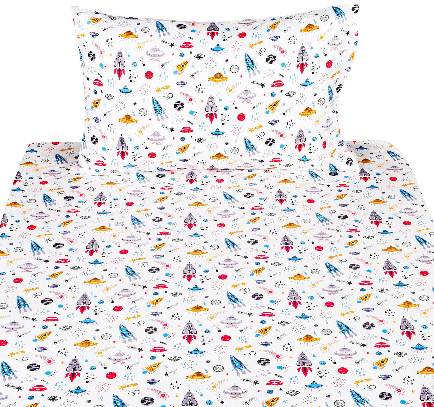 Scientific Sleep Planet Spaceship Rocket in Universe Cotton Cozy Twin Bed Sheet Set, Flat Sheet & Fitted Sheet & Pillowcase Natural Bedding Set (Space, Twin)