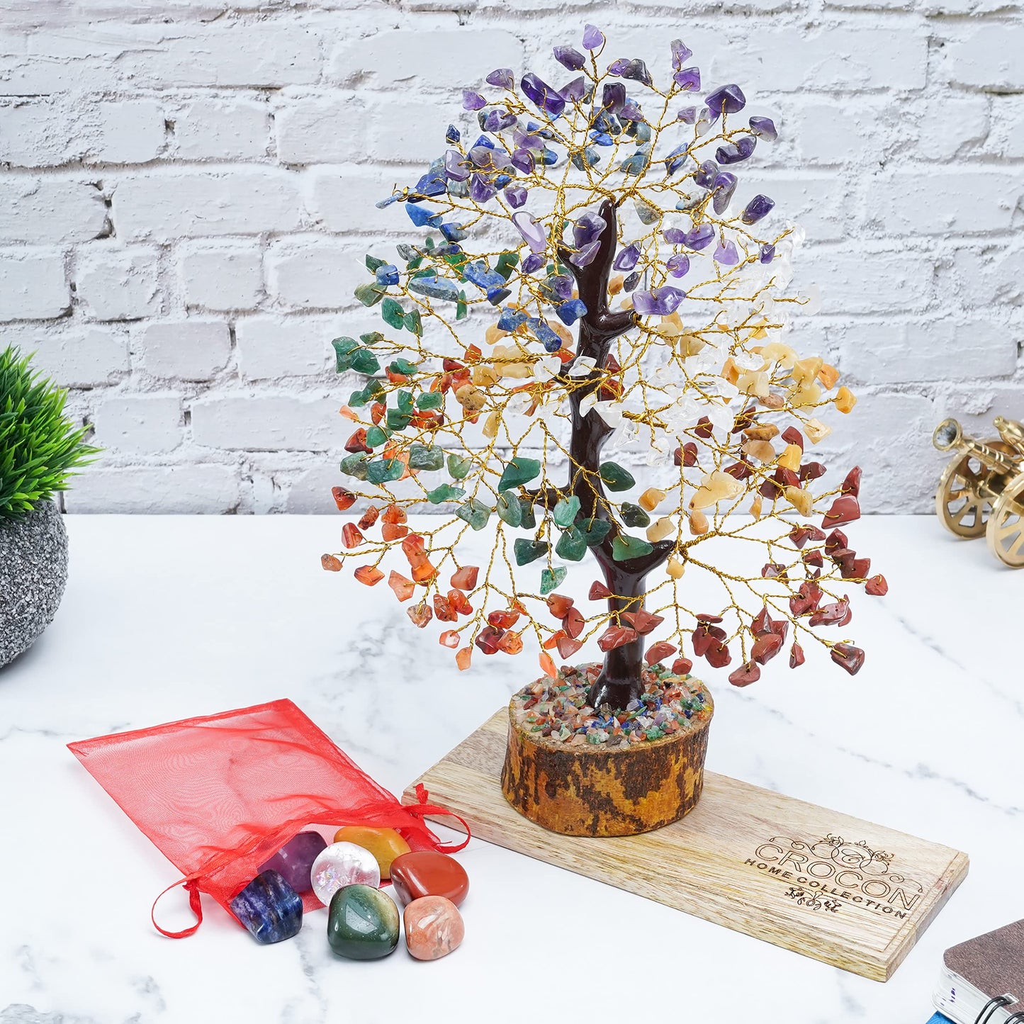 Crocon® 7 Chakra Tree of Life Crystal with Seven Chakra Tumbles, Wooden Decor Base Tray, Handmade Gemstone Birthday Gifts for Women Men Friends Crystal Decorations, Spiritual Gifts, Feng Shui Decor