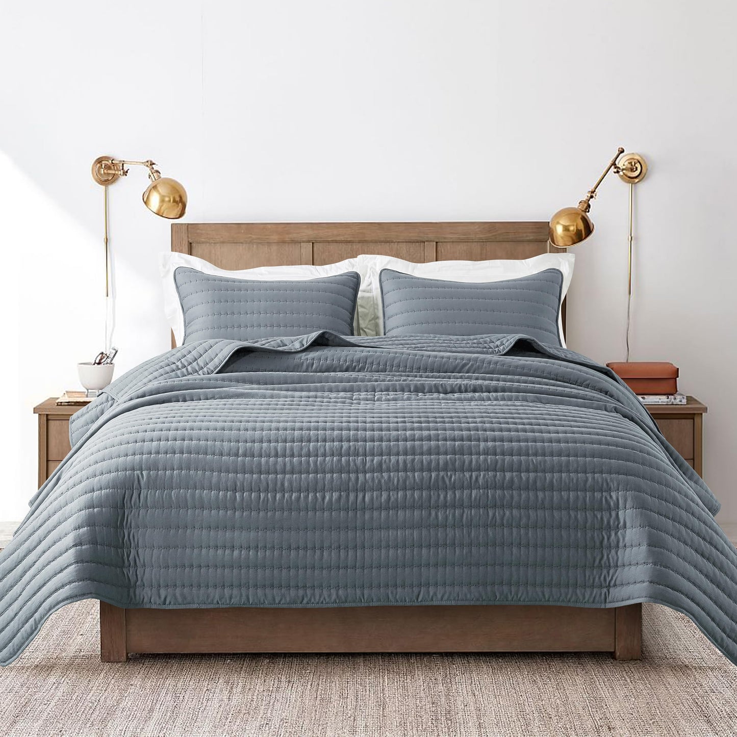 ROARINGWILD Blue King Size Quilt Bedding Sets with 2 Pillow Shams, Lightweight Soft Bedspread Coverlet, Quilted Blanket Thin Comforter Bed Cover for All Season, 3 Pieces, 104x90 inches