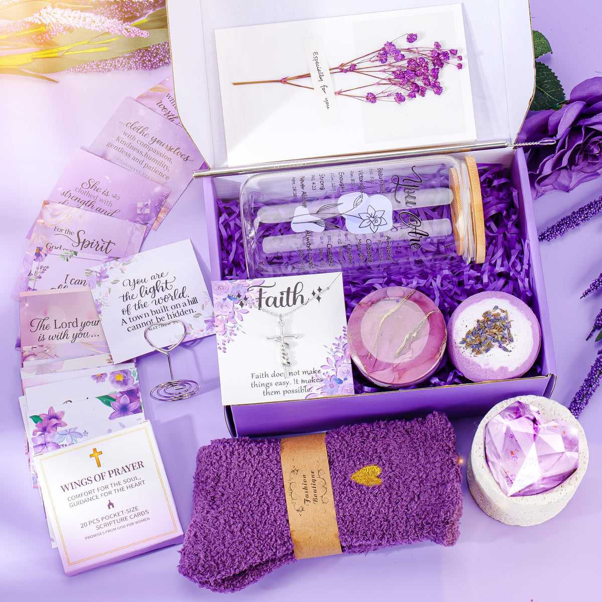 12PCS Christian Gifts For Women Faith - Inspirational Religious Birthday Gifts, Purple Spiritual Baptism Baskets For Mom, Grandma, Wife, Mothers, Friend, Sister,Catholic&Encouragement Birthday Gift