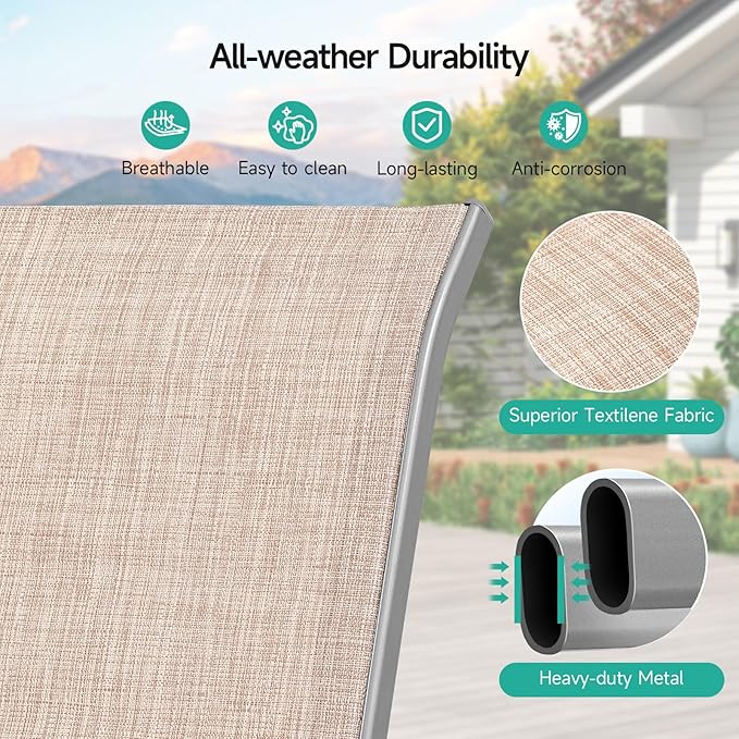 Patio Chairs Sset of 4, Easily Set Up Stackable Outdoor Dining Chairs with High Back and Wide Seat, All Weather Breathable Outdoor Chairs Set of 4 with Metal Frame for Backyard Deck Pool, Beige