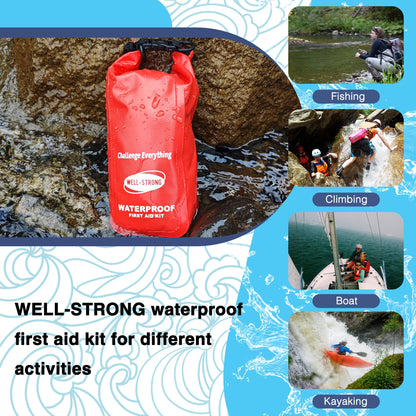 WELL-STRONG Waterproof First Aid Kit Roll Top Boat Emergency Kit with Waterproof Contents for Fishing Kayaking Boating Swimming Camping Rafting Beach Red