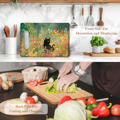 WARDOS Floral Black Cat Cutting Chopping Board, Cat Lovers Mom Lady Gifts, Wildflower Black Kitten Kitty Bamboo Cutting Boards for Spring Kitchen
