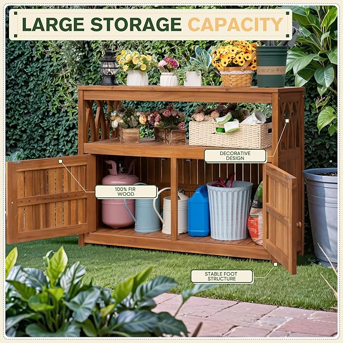 Greesum 2-Tier Outdoor Storage Cabinet in Acacia Wood, with 2 Magnetic Doors, for Garden, Picnic, Buffet, TV Stand, or Bar Table, Brown