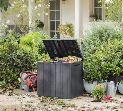 Keter City 113L Outdoor 96% recycled Small Balcony Garden Furniture Storage Box Grey Wood Panel Effect | Fade Free | All Weather Resistant | Safe and Secure | Zero Maintenance | 2 year Warranty