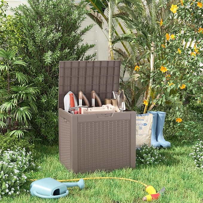 ROJIK Outdoor Storage Housing Deck Box - Waterproof Patio Furniture, Garden Tools, Cushions, Pool Accessories Storage Bench with Lockable Lid and Side Handles (Grey Rattan, 30 Gal)