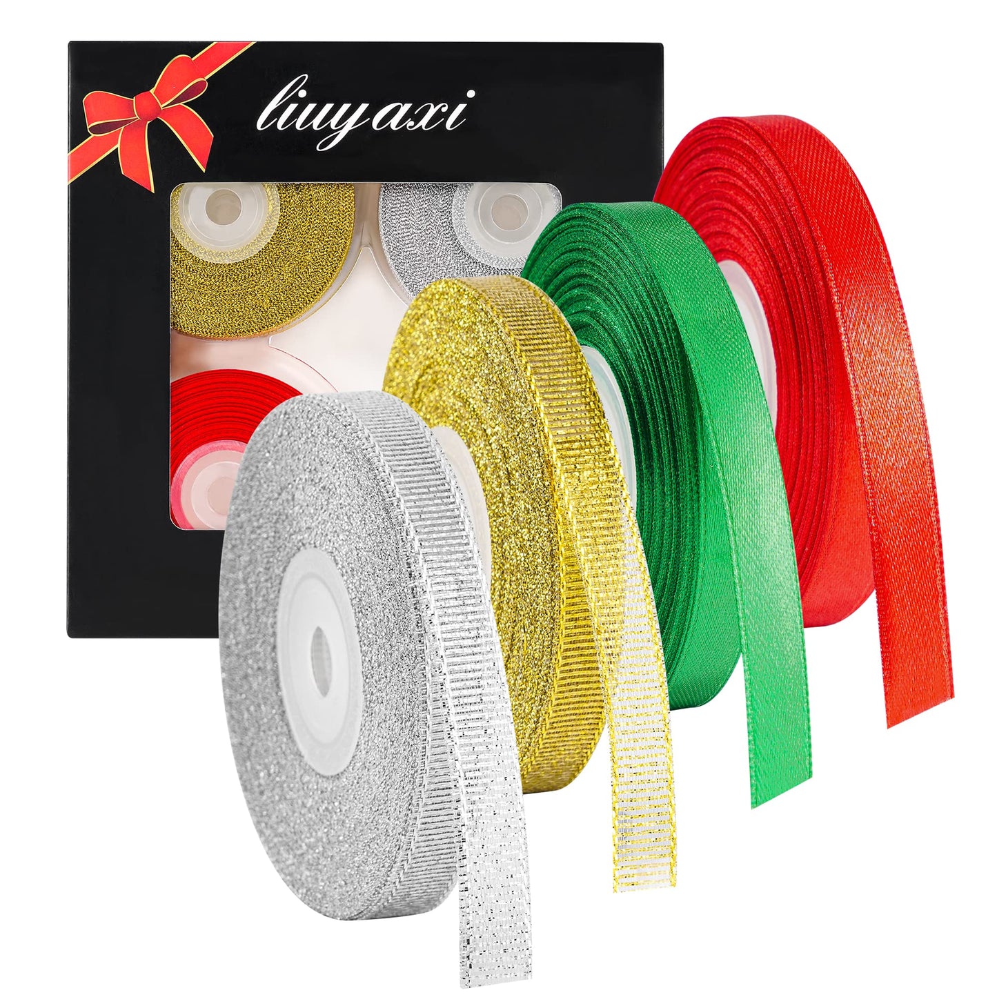 LIUYAXI 4 Rolls 3/8" Christmas Ribbon - Glitter Metallic Ribbon & Satin Ribbons Set, Total 100 Yards Xmas Holiday Festival for Gift Wrapping, Crafts, Festival Ornaments, Wedding Party Decoration
