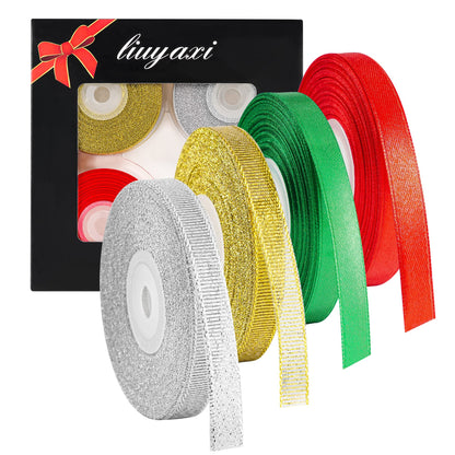 LIUYAXI 4 Rolls 3/8" Christmas Ribbon - Glitter Metallic Ribbon & Satin Ribbons Set, Total 100 Yards Xmas Holiday Festival for Gift Wrapping, Crafts, Festival Ornaments, Wedding Party Decoration