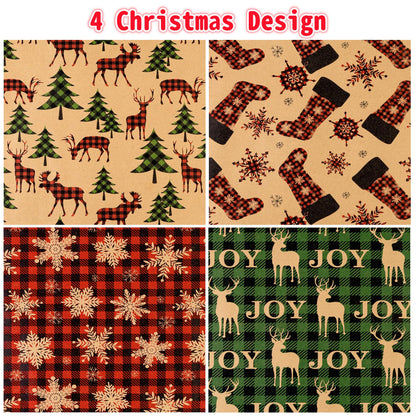 Christmas Wrapping Paper (4 Rolls: 93 sq. ft. ttl) - Red/Green and Black Plaid Grid Patterns, Stockings Snowflakes Pine Tree and Reindeer - Holiday Kraft Gift Paper 17 inches x 16.5 feet Per Roll