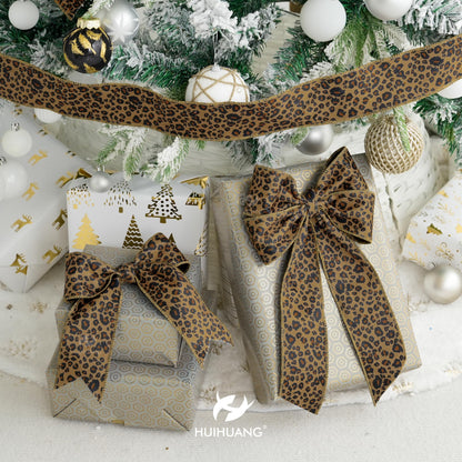 HUIHUANG Leopard Print Velvet Wired Ribbon 2.5 inch Animal Print Brown Velvet Ribbon for Christmas Tree, Bows Making, Wreaths, Garland, Crafting, Fall Decor-Continuous 10 Yards