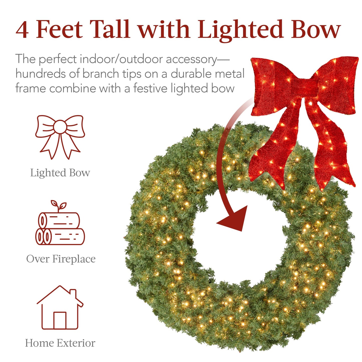 Best Choice Products 48in Large Artificial Pre-Lit Fir Christmas Wreath Holiday Accent Decoration for Door, Mantel w/Red Lighted Bow, 250 LED Lights, 714 PVC Tips, Power Plug-in