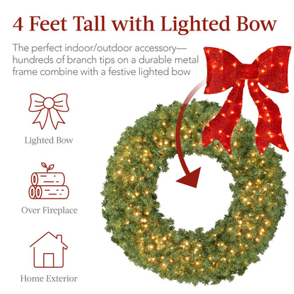 Best Choice Products 48in Large Artificial Pre-Lit Fir Christmas Wreath Holiday Accent Decoration for Door, Mantel w/Red Lighted Bow, 250 LED Lights, 714 PVC Tips, Power Plug-in