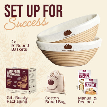 Superbaking 2 pcs Banneton Bread Proofing Basket, 9" Splinter-Free Round Rattan Bread Basket with Liners, Sourdough Starter Kit, Sourdough Bread Baking Supplies & Sourdough Kit, Bread Making Tools