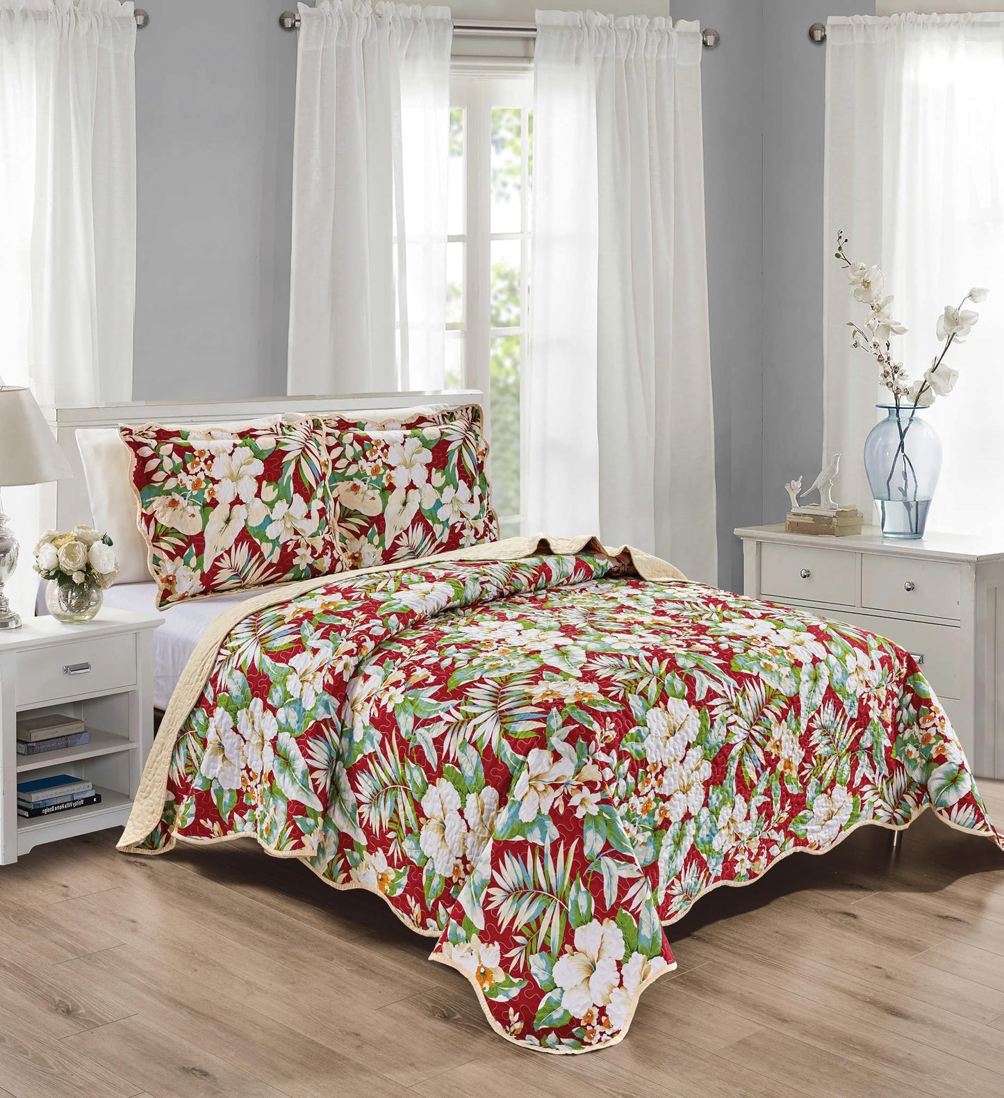 Grand Linen 3-Piece Queen Size Tropical Oversized Quilt Set 100 inch X 106 inch All Seasons XL Bedspread, Pillow Shams Lightweight Soft Coverlet Red Green White Colors Bed Cover Floral Leaves Pattern