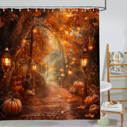 PAOPOED Fall Pumpkins Shower Curtain，Autumn Thanksgiving Harvest Halloween Forest Rural Trail Bathroom Decor，72 x 72 Inch Polyester Fabric Waterproof Bathroom Curtain with 12 Hooks