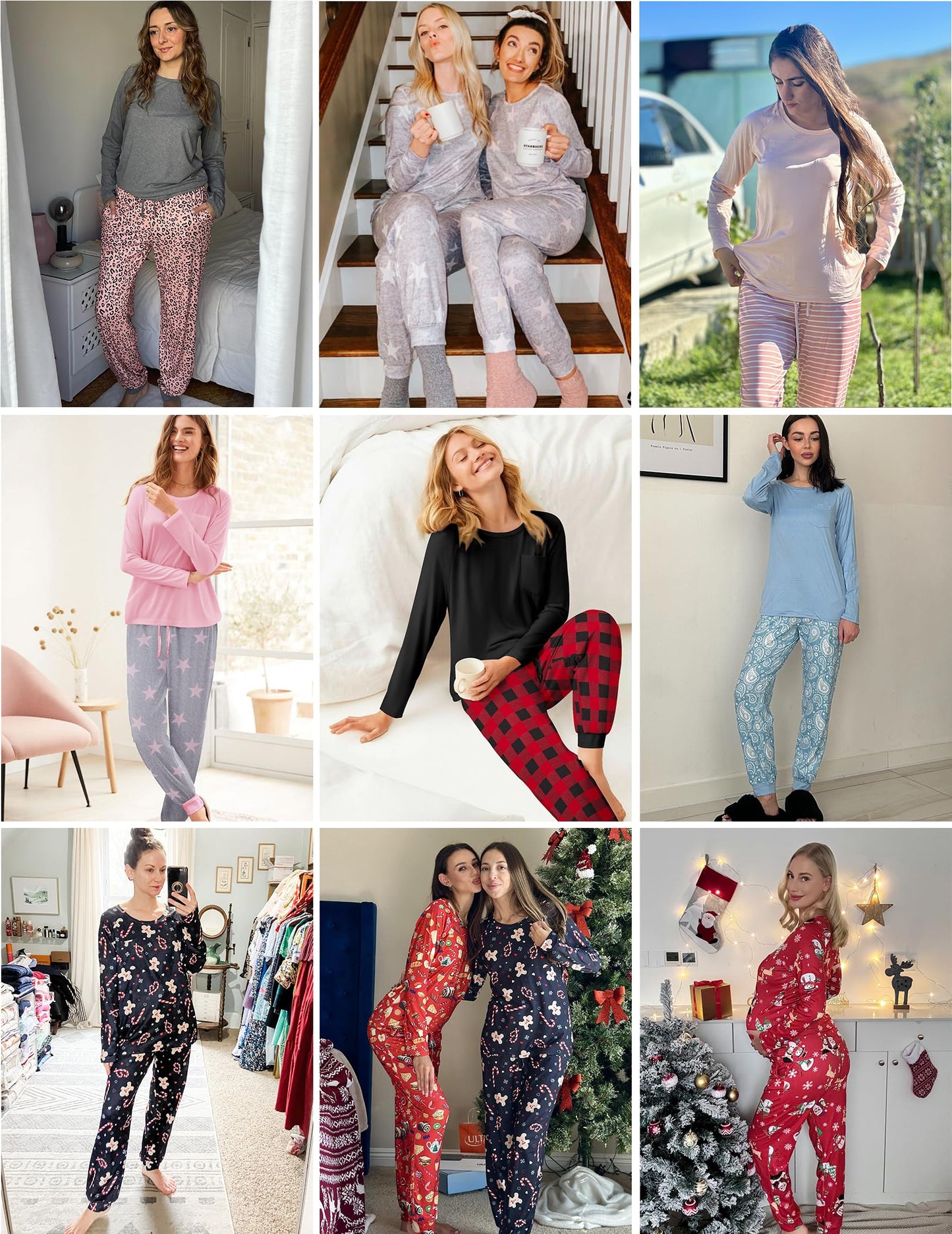 Ekouaer 2 Pack Christmas Pajamas for Women Set Long Sleeve Sleepwear Top and Jogger Pants Lounge Sets Matching Family Pjs Loungewear,Large
