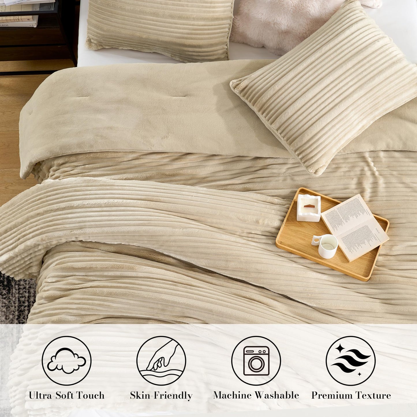 Amélie Home High-End Fleece Queen Comforter Set,Cozy Warm Striped Plush Bedding Set, 3 Pieces, 1 Cozy Comforter with 2 Pillowcases, Beige, 90"x90"