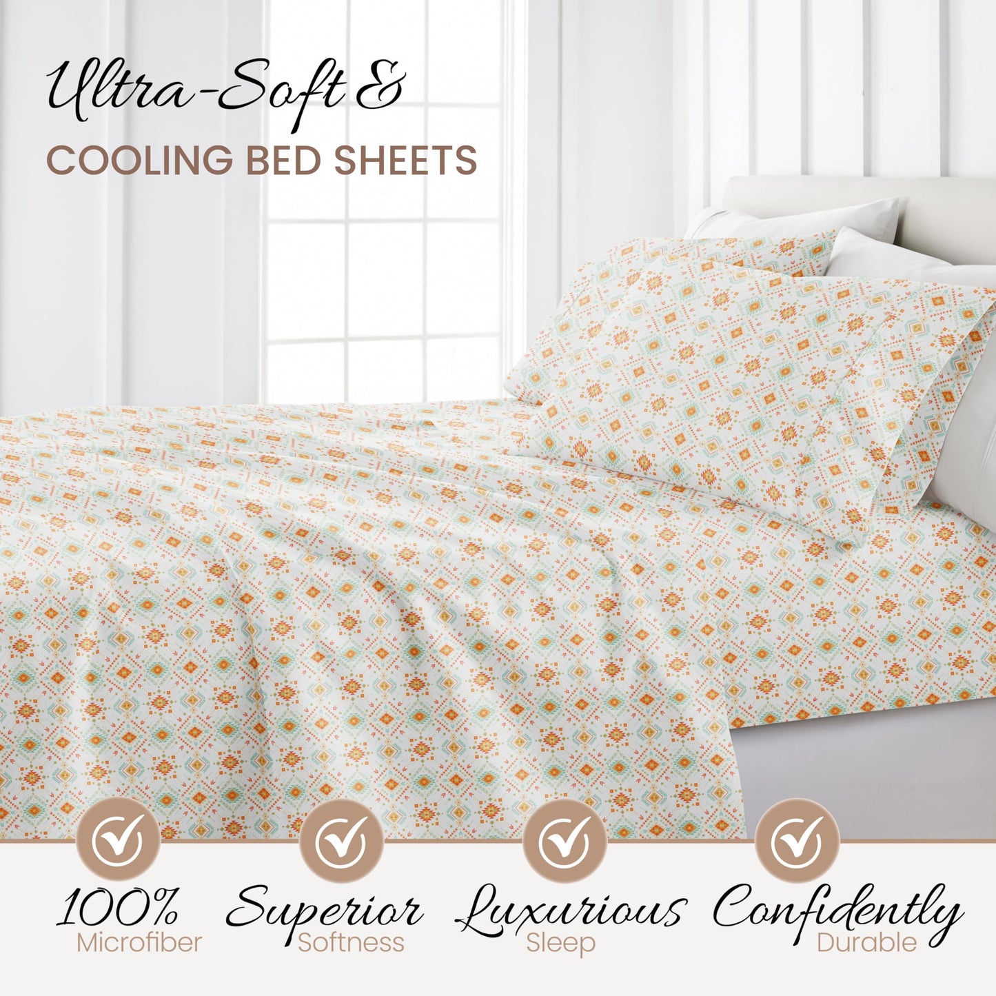 Linen Market Patterned Microfiber King Sheet Set 4 Piece – Oeko-TEX Certified Ultra Soft & Wrinkle-Free - 16" Deep Pocket Sheets - Easy Care King Size - Aztec Dreams Coral