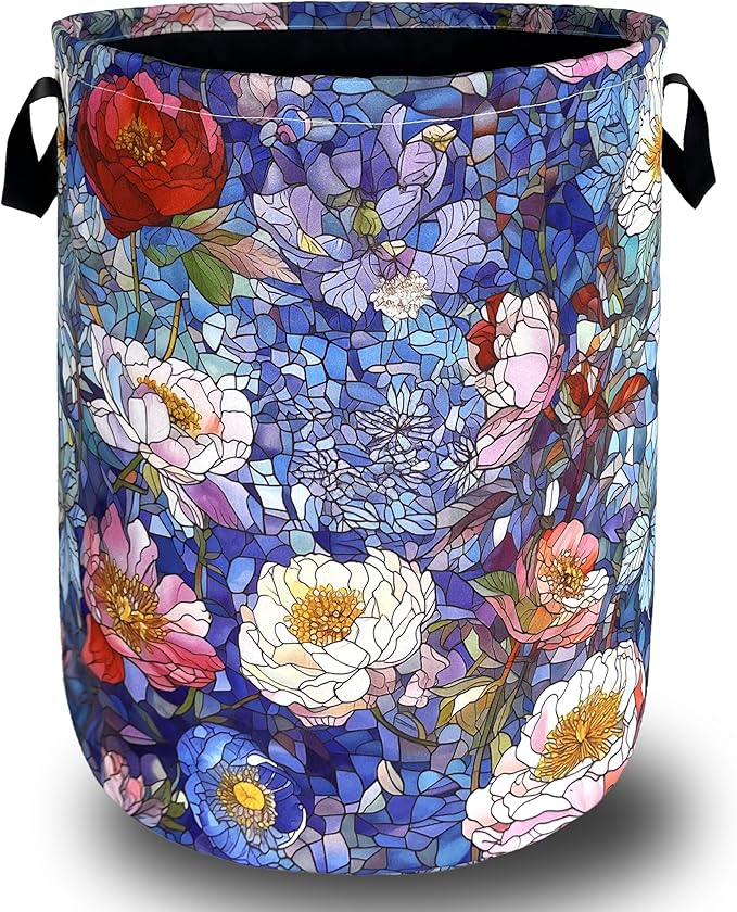 Blue Flowers Laundry Basket Glass Colorful Floral Foldable Funny Laundry Hamper