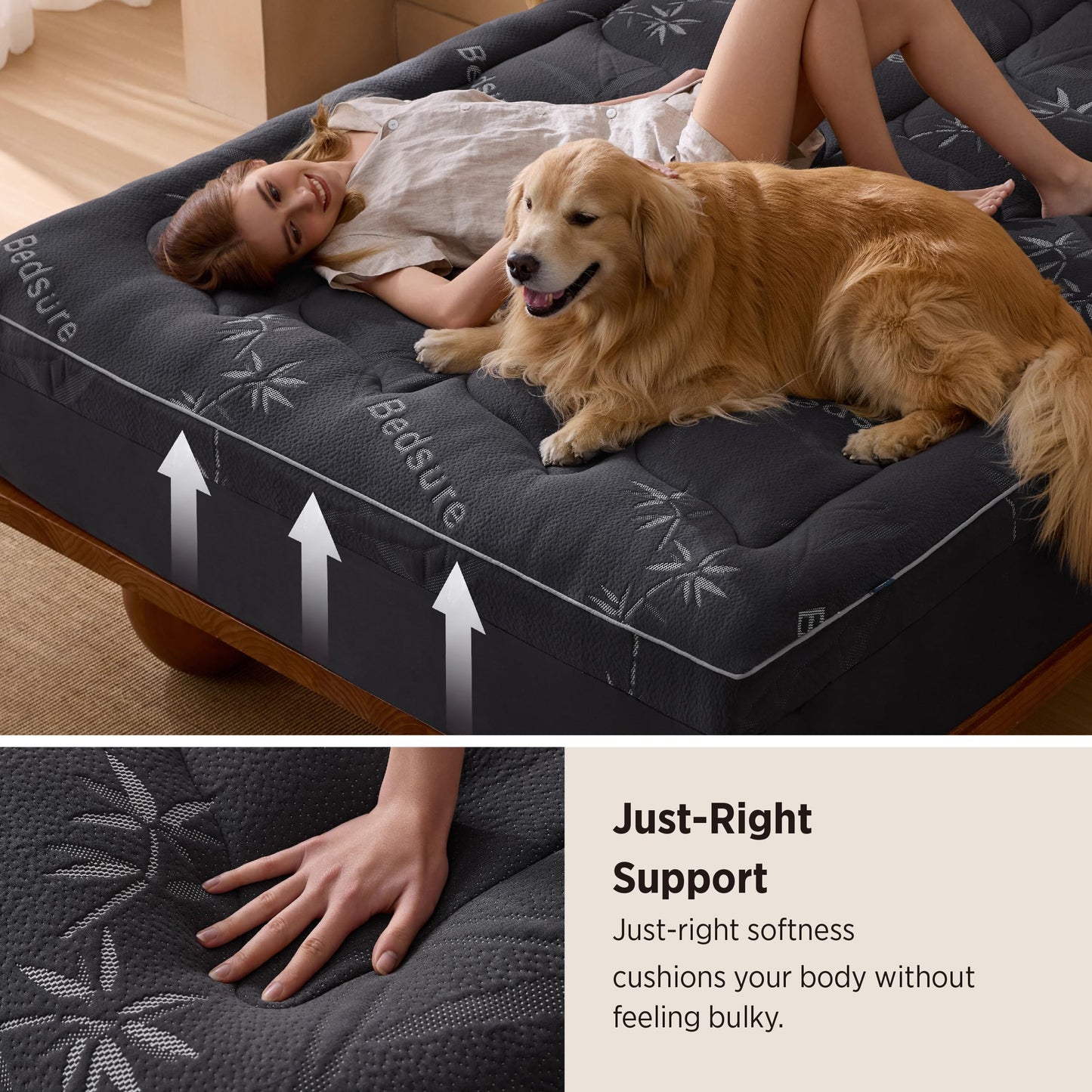 Bedsure Full Size Mattress Topper - Viscose Made from Bamboo Ultra Soft Thick Fluffy Pillow Top Mattress Pad with 21 Inch Deep Pocket, Breathable, Moisture Wicking, Black, 54x75 Inch