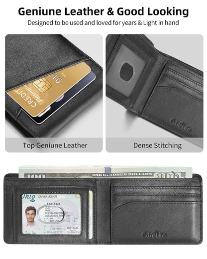 ExtreLife Mens Wallet with Smart Tracker, Genuine Leather Bifold Wallet, Works with Apple Find My, 10 Card Slots, Money Pocket, ID Window, RFID Blocking, GPS Wallet Tracker, Gift Box, Black